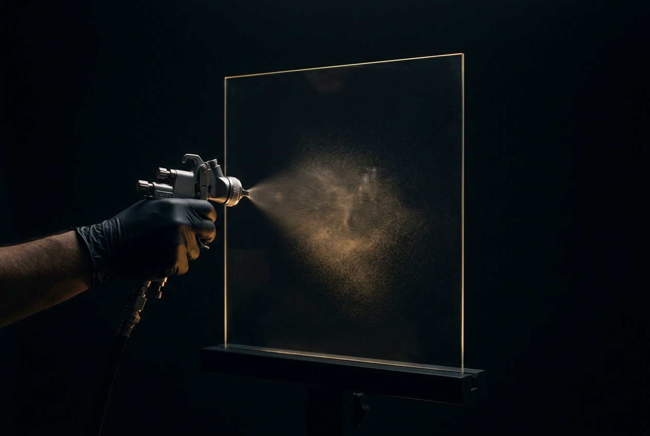 Spray gun applying the final PrismPixel Glass formulation to a transparent substrate