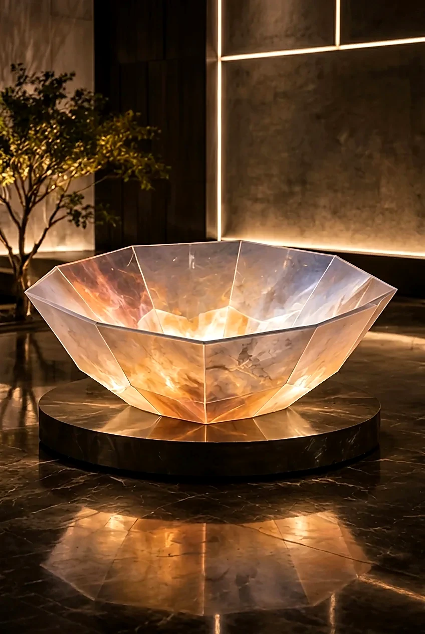 Honeycomb Chalice concept visualization — Amber warmth pools in the centre and climbs the facets.