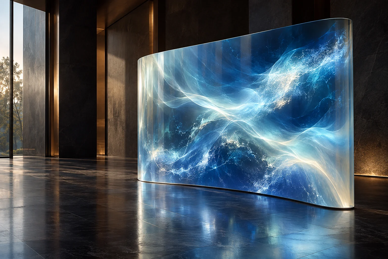 Veil Wall concept visualization: a curved translucent wall glowing blue and silver in a dark gallery