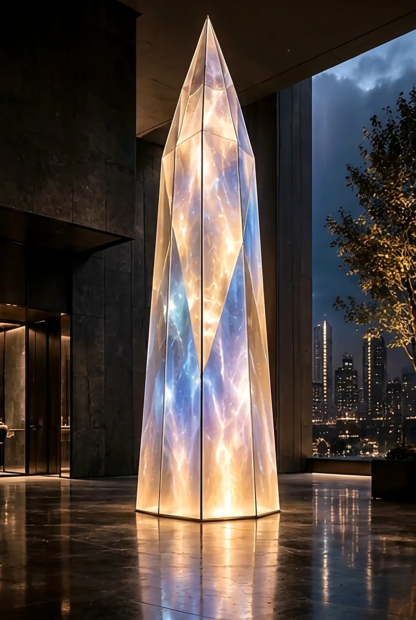 Lantern Spire concept visualization — Warm gold with glacier blue in the upper facets.