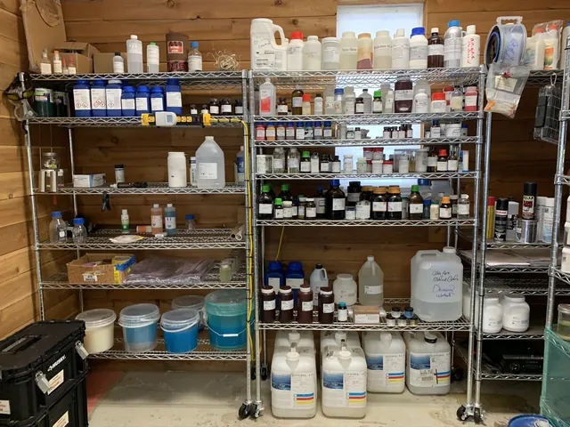 The lab: shelves of formulations.