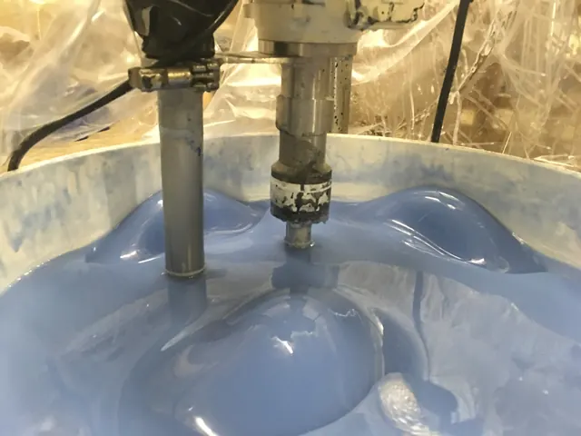Mixing — the blue batch.