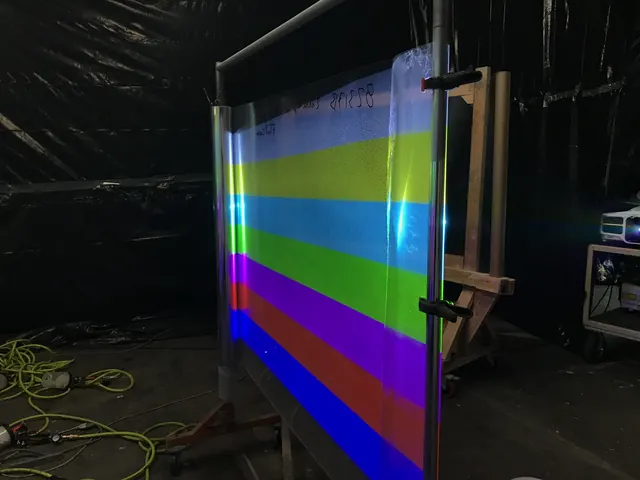 Colour bars on the large screen, seen from the back.