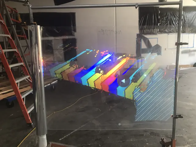 Colour stripes on a transparent panel in daylight.