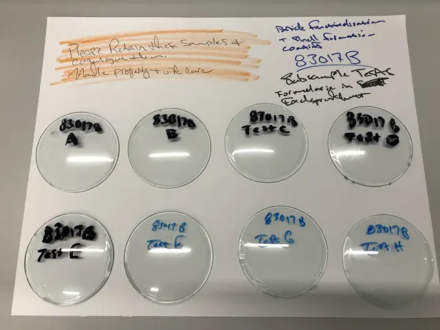 Sample discs, each labelled with its formulation and date.