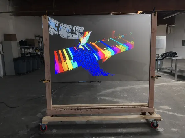 Large-format transparent screen on a rolling frame — the working demonstrator for most of 2017.